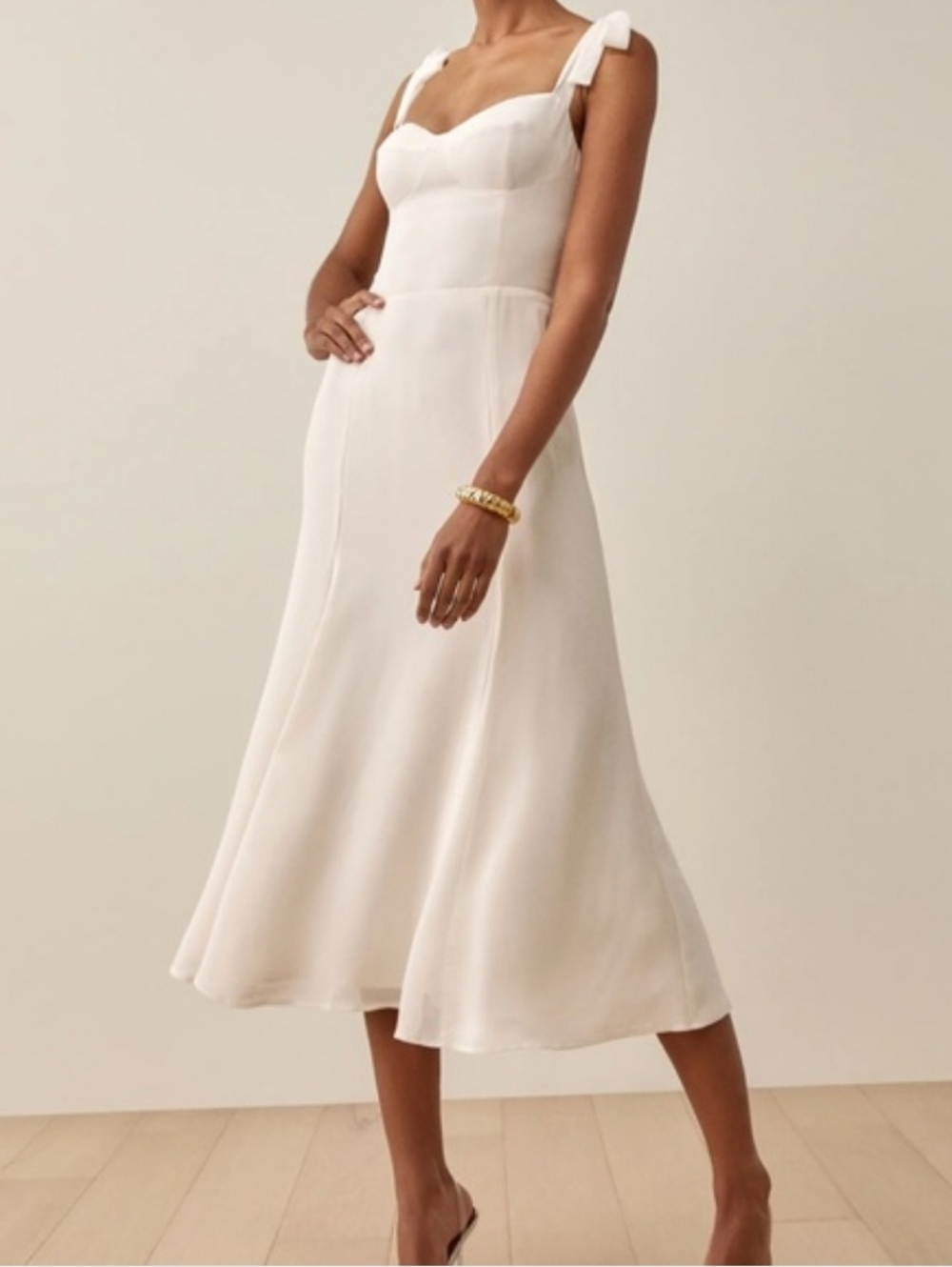 NWT Reformation Nadira Dress in Ivory Sweetheart Neckline Shoulder Strap Ties - Picture 2 of 14